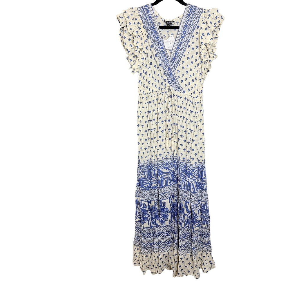 Angie Women Blue Cream Floral Boho Maxi Dress Ruffle Sleeve Size M NEW
